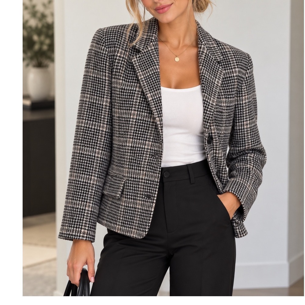 Linda Allard Ellen Tracy Wool Plaid Blazer Gray Black Houndstooth Jacket Size 10